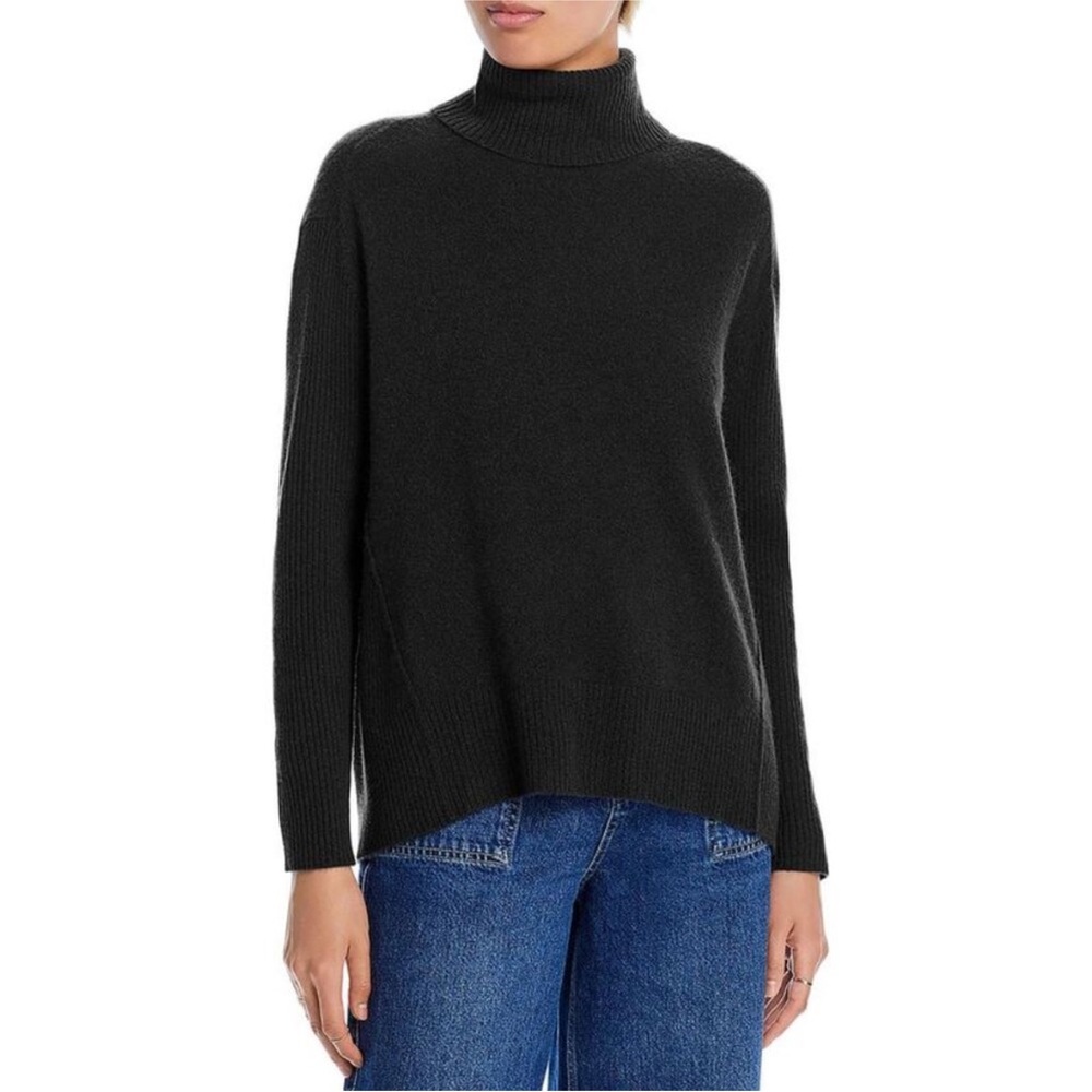 Aqua Cashmere 100% Cashmere Turtleneck Ribbed Panel Sweater